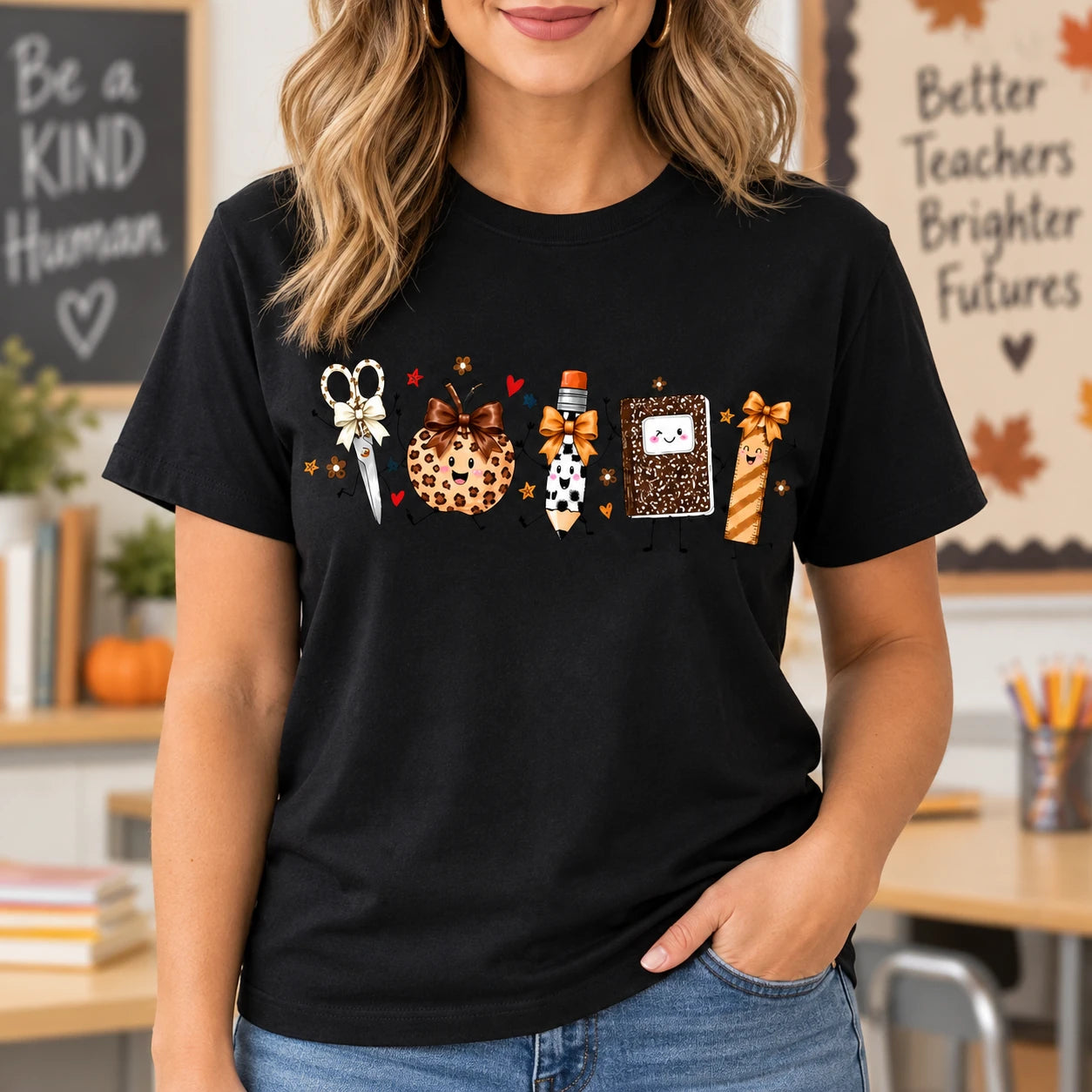 Fall Teacher T-Shirt with School Supplies Leopard Pumpkin Back To School Classroom