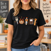 Fall Teacher T-Shirt with School Supplies Leopard Pumpkin Back To School Classroom