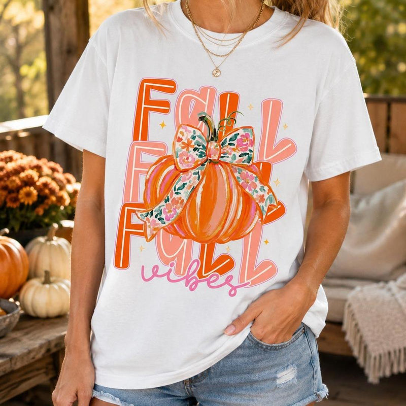 Fall Vibes Pumpkin Sweatshirt, Coquette Floral Bow Pumpkin, Cute Autumn Pumpkin Season Gift for Women, Retro Watercolor Fall Style