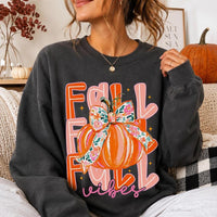Fall Vibes Pumpkin Sweatshirt, Coquette Floral Bow Pumpkin, Cute Autumn Pumpkin Season Gift for Women, Retro Watercolor Fall Style