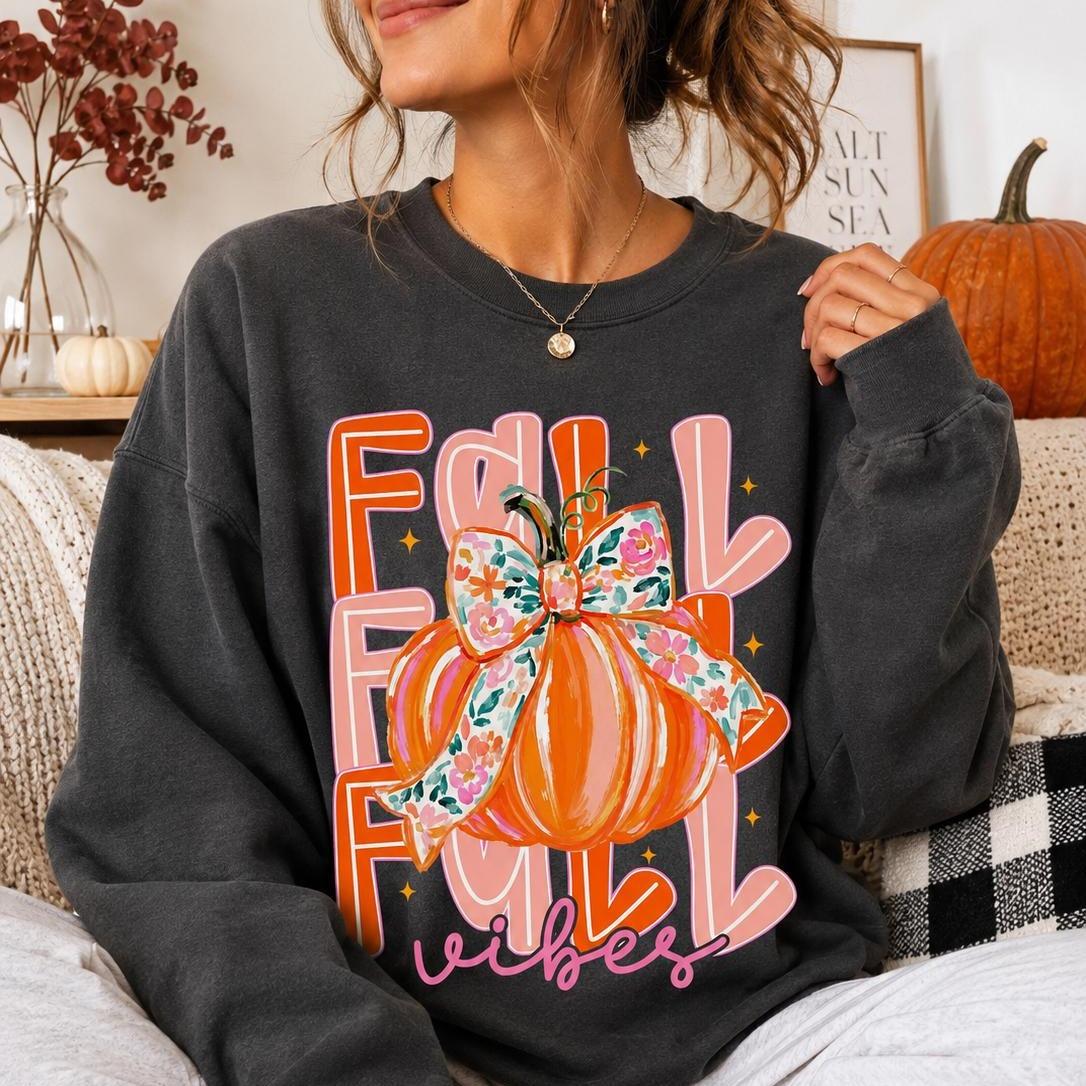 Fall Vibes Pumpkin Sweatshirt, Coquette Floral Bow Pumpkin, Cute Autumn Pumpkin Season Gift for Women, Retro Watercolor Fall Style