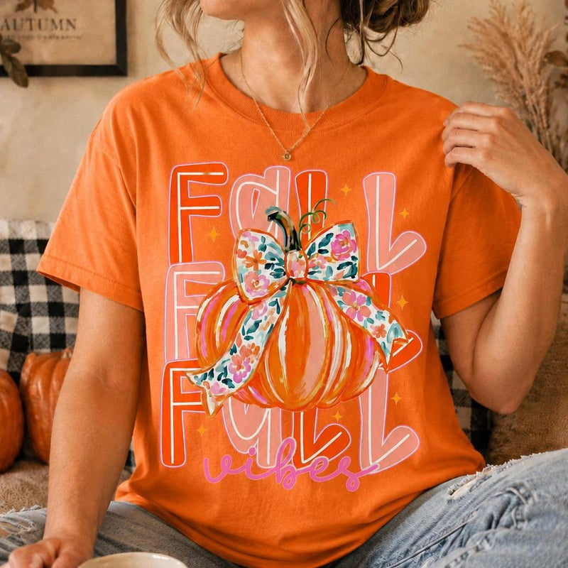 Fall Vibes Pumpkin Sweatshirt, Coquette Floral Bow Pumpkin, Cute Autumn Pumpkin Season Gift for Women, Retro Watercolor Fall Style