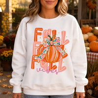 Fall Vibes Pumpkin Sweatshirt, Coquette Floral Bow Pumpkin, Cute Autumn Pumpkin Season Gift for Women, Retro Watercolor Fall Style