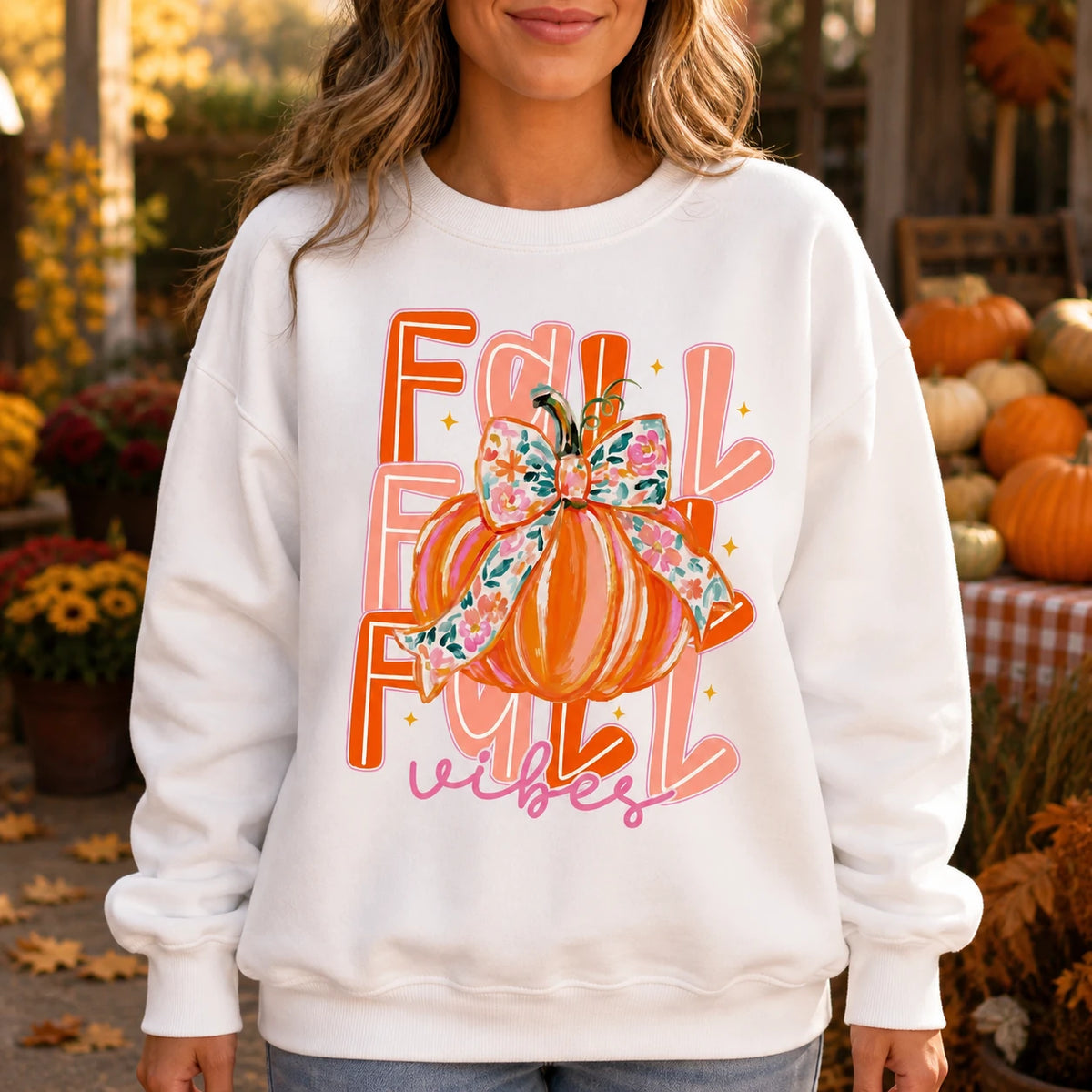 Fall Vibes Pumpkin Sweatshirt, Coquette Floral Bow Pumpkin, Cute Autumn Pumpkin Season Gift for Women, Retro Watercolor Fall Style