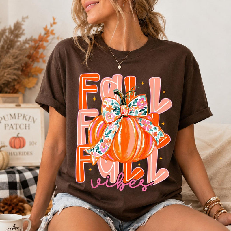 Fall Vibes Pumpkin Sweatshirt, Coquette Floral Bow Pumpkin, Cute Autumn Pumpkin Season Gift for Women, Retro Watercolor Fall Style