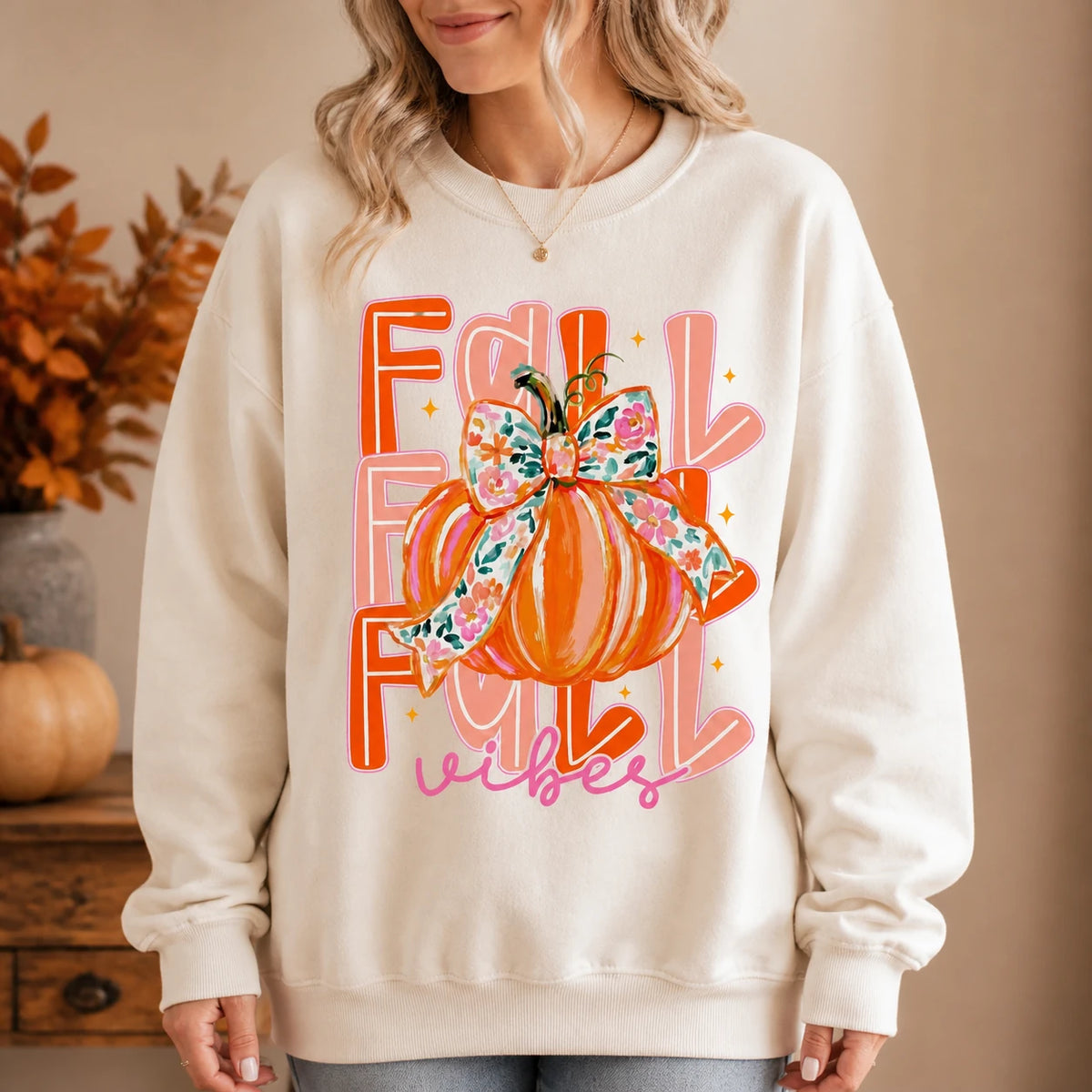 Fall Vibes Pumpkin Sweatshirt, Coquette Floral Bow Pumpkin, Cute Autumn Pumpkin Season Gift for Women, Retro Watercolor Fall Style