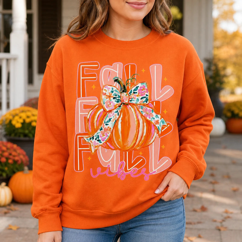 Fall Vibes Pumpkin Sweatshirt, Coquette Floral Bow Pumpkin, Cute Autumn Pumpkin Season Gift for Women, Retro Watercolor Fall Style
