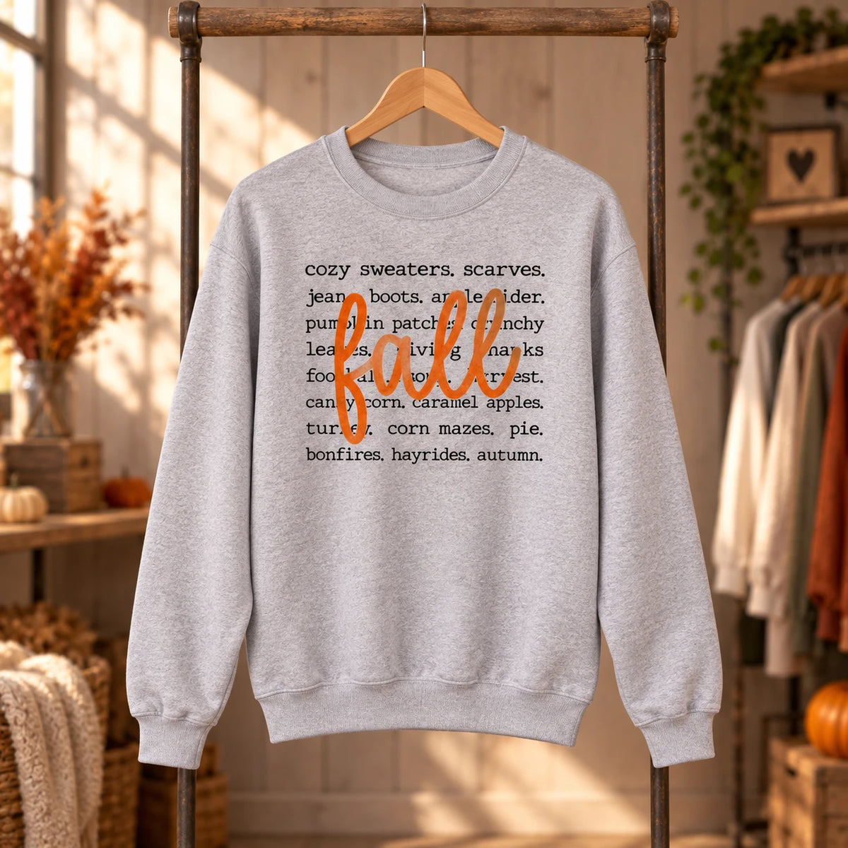 Fall Vibes Sweatshirt Autumn Word List Thanksgiving Cozy Crewneck for Women