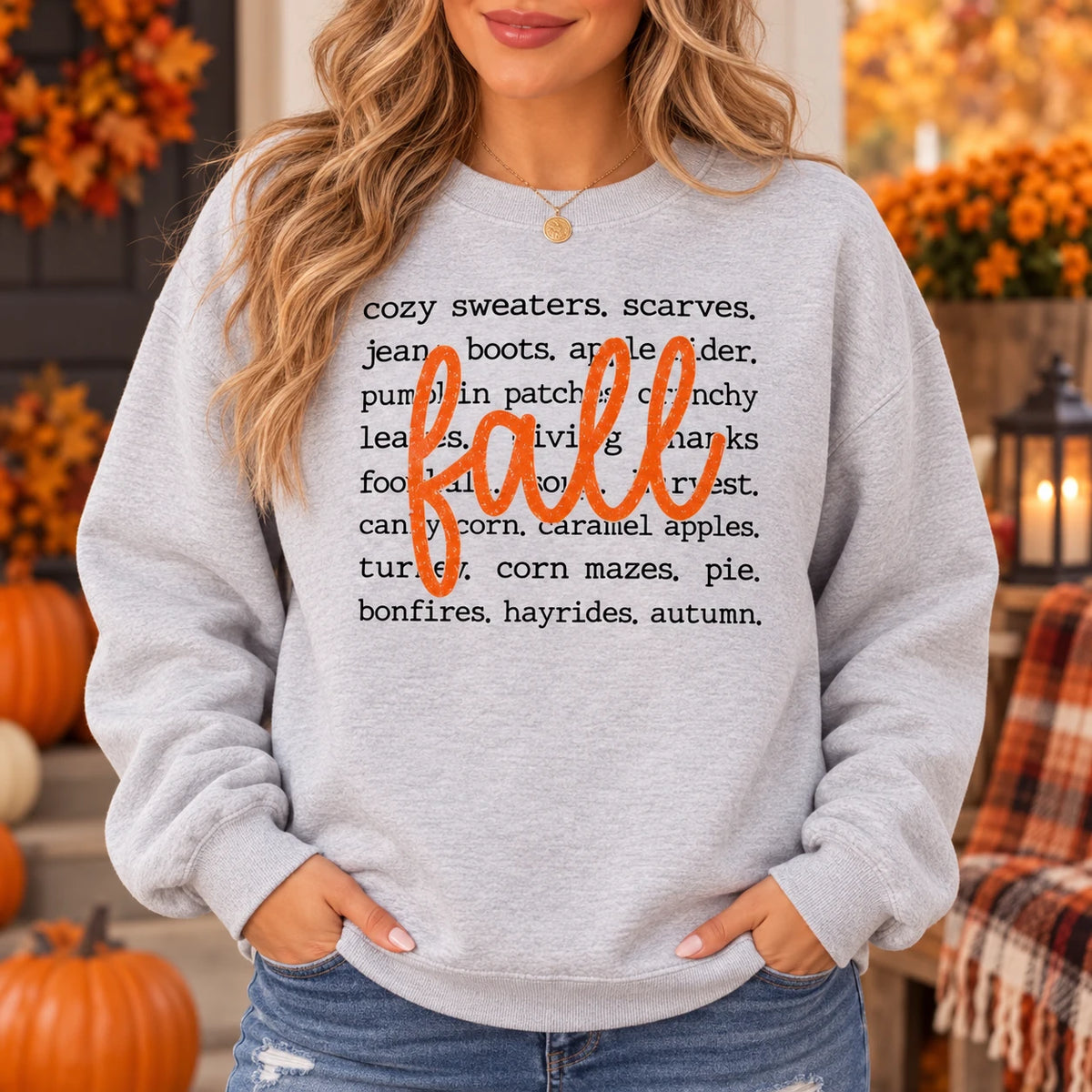 Fall Vibes Sweatshirt Autumn Word List Thanksgiving Cozy Crewneck for Women