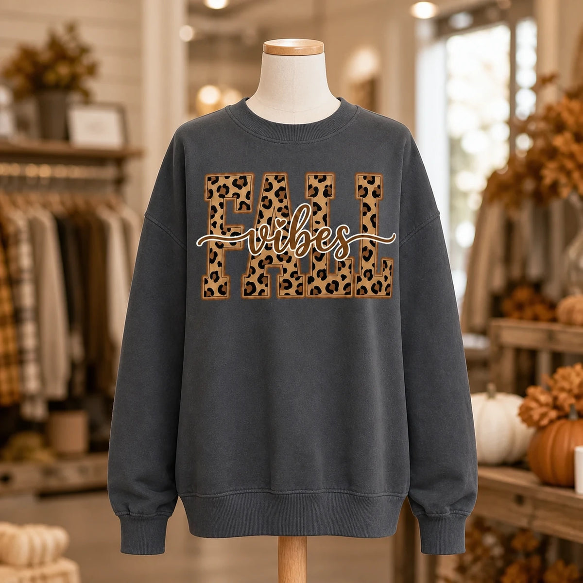 Fall Vibes Sweatshirt Leopard Print Autumn Graphic Pumpkin Season Women Cozy Trendy Fall Top