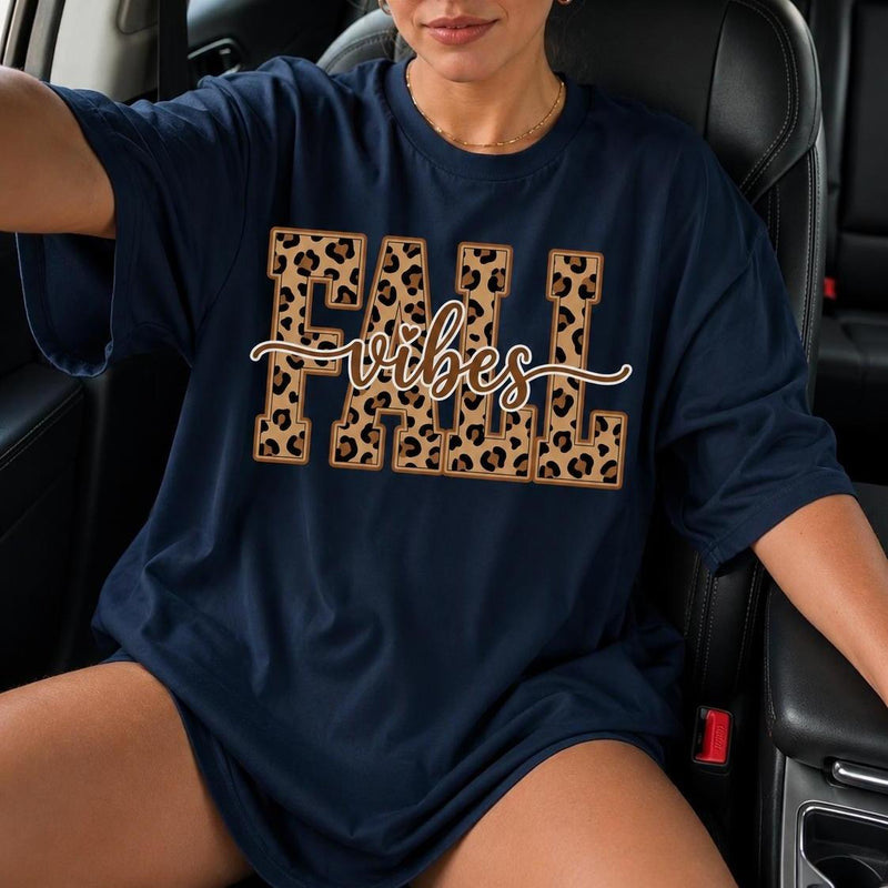 Fall Vibes Sweatshirt Leopard Print Autumn Graphic Pumpkin Season Women Cozy Trendy Fall Top