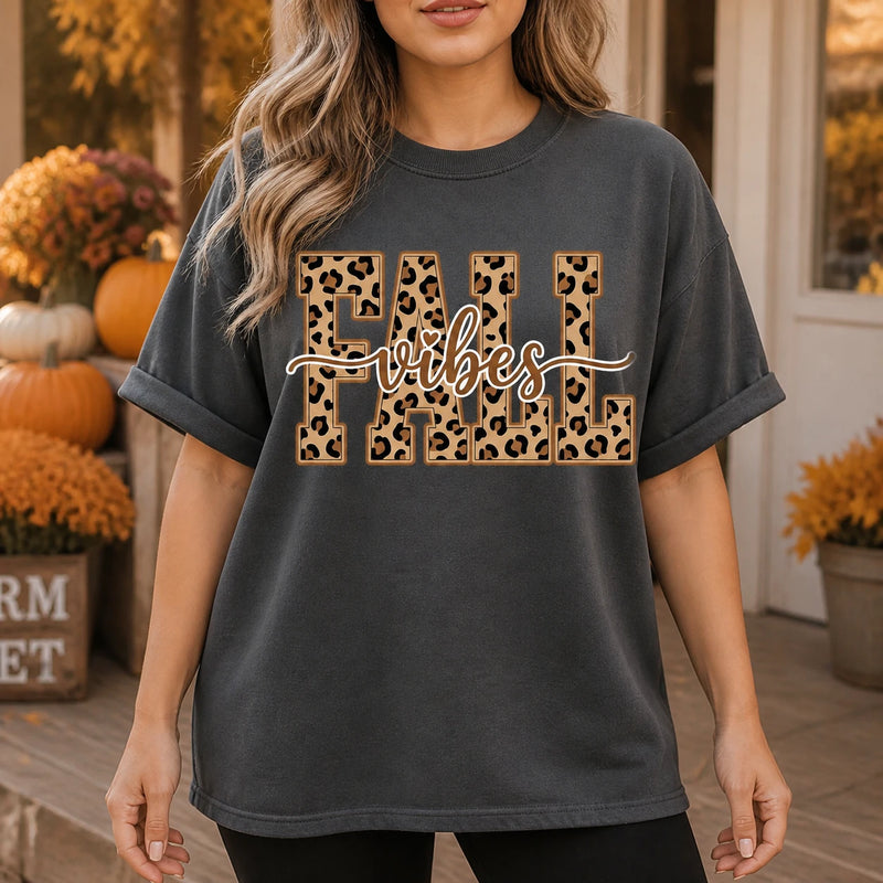 Fall Vibes Sweatshirt Leopard Print Autumn Graphic Pumpkin Season Women Cozy Trendy Fall Top