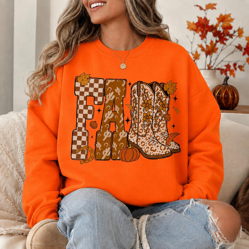 Fall Western Cowgirl Sweatshirt, FALL Cowboy Boots Graphic, Leopard Boots Pumpkin Autumn Top, Thanksgiving Gift for Her, Women Retro Boho Country Style