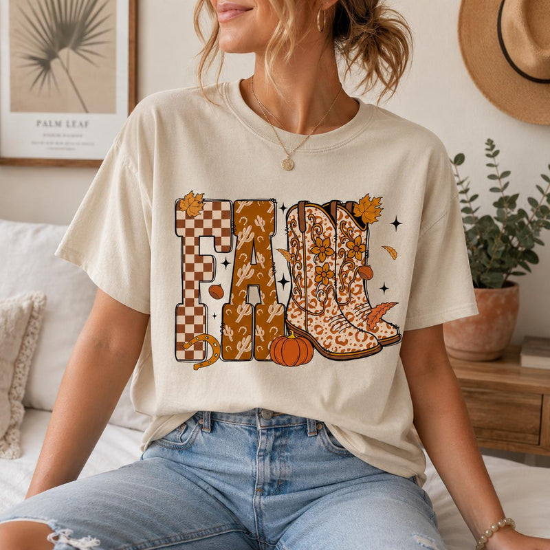 Fall Western Cowgirl Sweatshirt, FALL Cowboy Boots Graphic, Leopard Boots Pumpkin Autumn Top, Thanksgiving Gift for Her, Women Retro Boho Country Style
