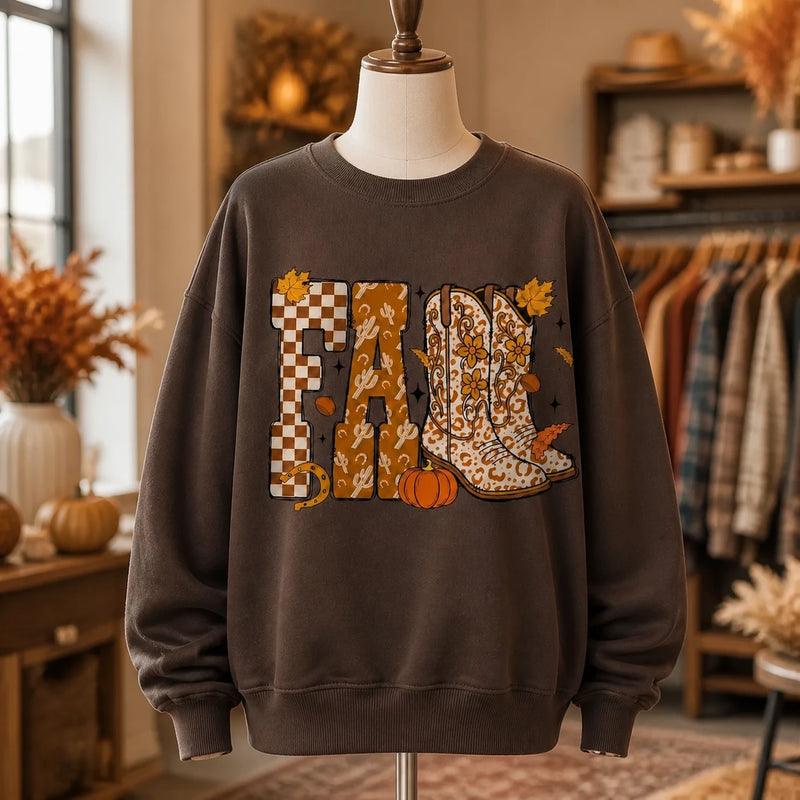 Fall Western Cowgirl Sweatshirt, FALL Cowboy Boots Graphic, Leopard Boots Pumpkin Autumn Top, Thanksgiving Gift for Her, Women Retro Boho Country Style