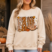 Fall Western Cowgirl Sweatshirt, FALL Cowboy Boots Graphic, Leopard Boots Pumpkin Autumn Top, Thanksgiving Gift for Her, Women Retro Boho Country Style