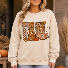 Fall Western Cowgirl Sweatshirt, FALL Cowboy Boots Graphic, Leopard Boots Pumpkin Autumn Top, Thanksgiving Gift for Her, Women Retro Boho Country Style