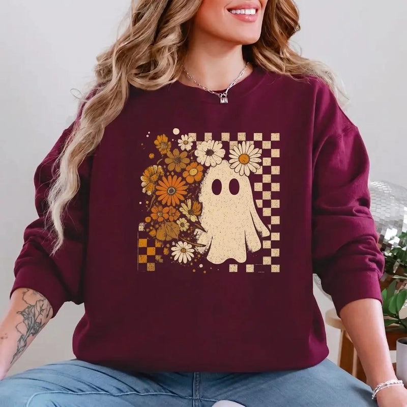 Floral Ghost Sweatshirt Daisy Spooky Fall Halloween Women Retro Boho