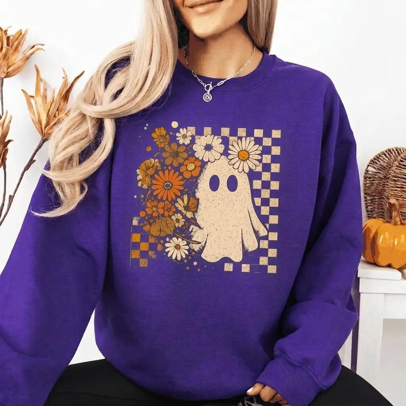 Floral Ghost Sweatshirt Daisy Spooky Fall Halloween Women Retro Boho
