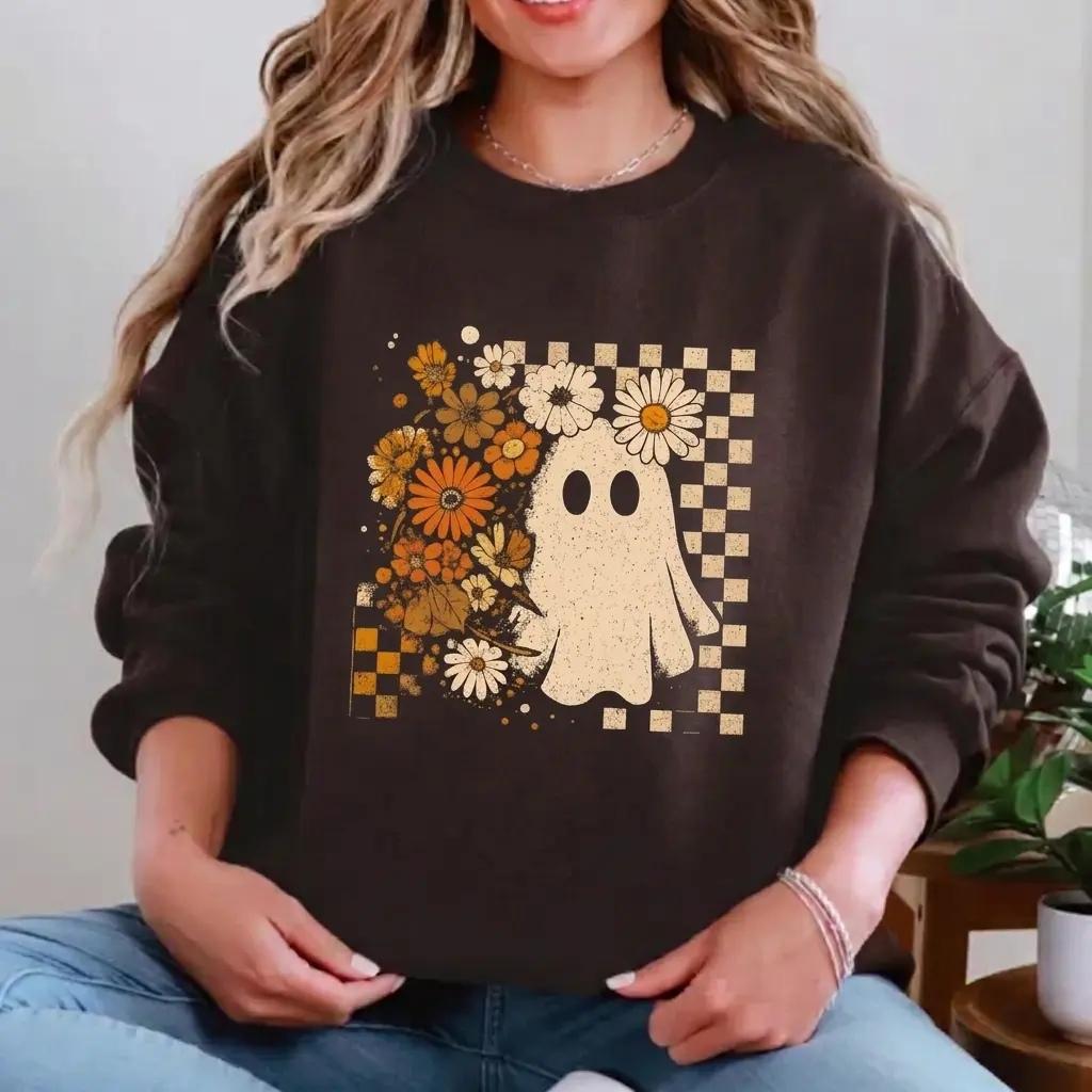 Floral Ghost Sweatshirt Daisy Spooky Fall Halloween Women Retro Boho