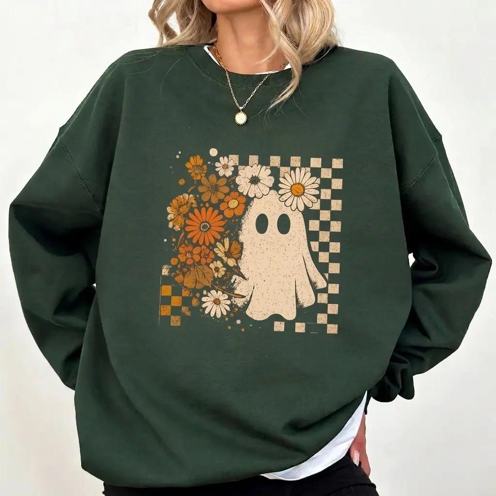Floral Ghost Sweatshirt Daisy Spooky Fall Halloween Women Retro Boho