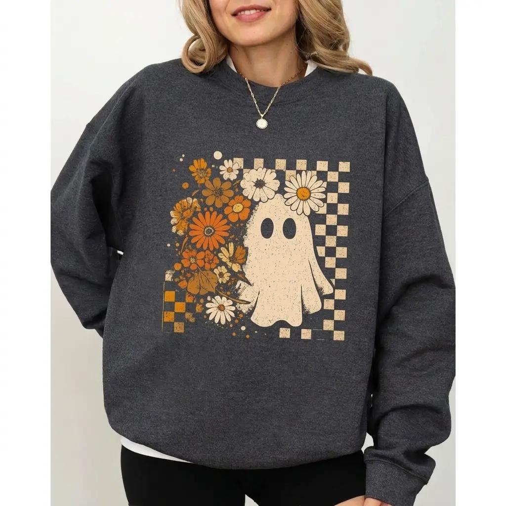 Floral Ghost Sweatshirt Daisy Spooky Fall Halloween Women Retro Boho