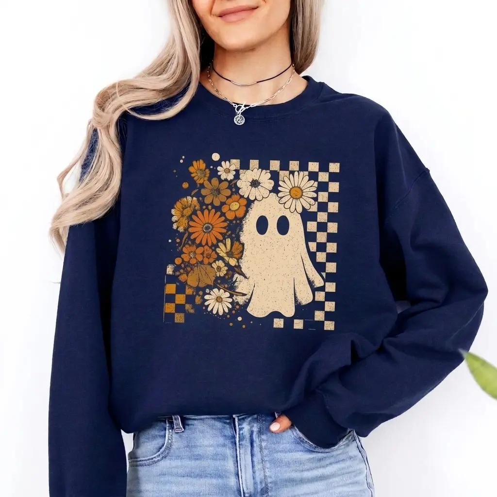 Floral Ghost Sweatshirt Daisy Spooky Fall Halloween Women Retro Boho