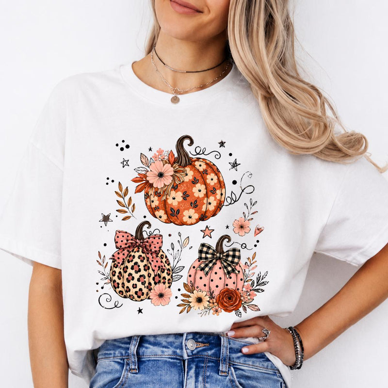 Floral Pumpkin Fall Design Cute Pumpkin Trio Sweatshirt and T-Shirt Thanksgiving Women Coquette Floral Leopard Gingham Style