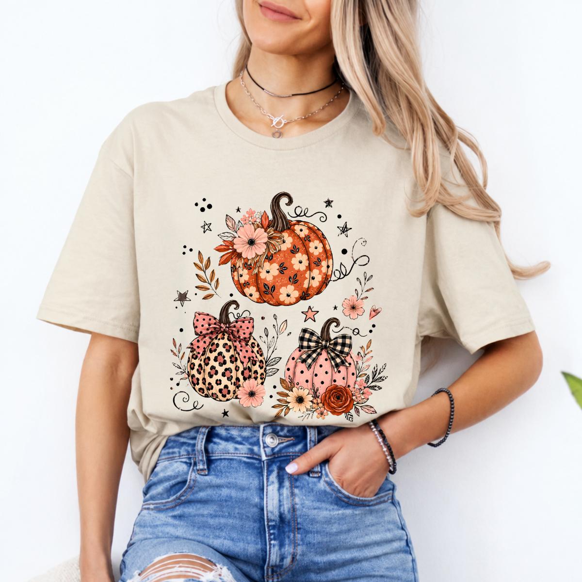 Floral Pumpkin Fall Design Cute Pumpkin Trio Sweatshirt and T-Shirt Thanksgiving Women Coquette Floral Leopard Gingham Style