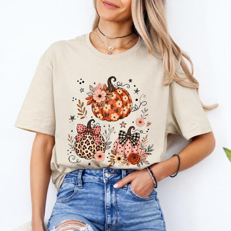 Floral Pumpkin Fall Design Cute Pumpkin Trio Sweatshirt and T-Shirt Thanksgiving Women Coquette Floral Leopard Gingham Style
