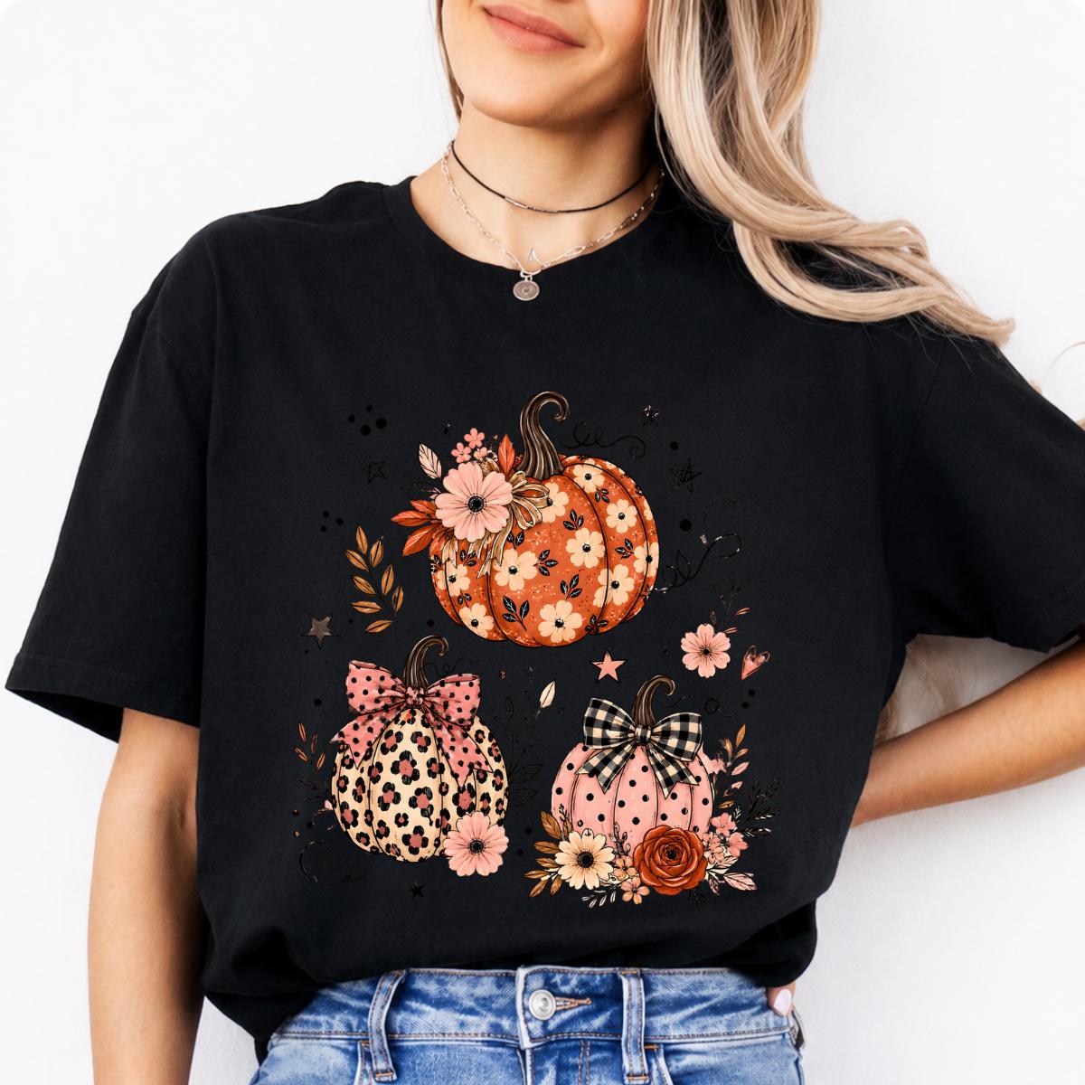 Floral Pumpkin Fall Design Cute Pumpkin Trio Sweatshirt and T-Shirt Thanksgiving Women Coquette Floral Leopard Gingham Style