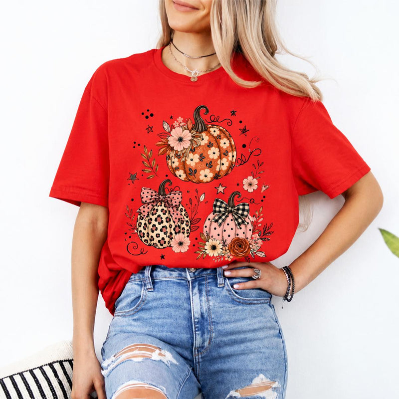 Floral Pumpkin Fall Design Cute Pumpkin Trio Sweatshirt and T-Shirt Thanksgiving Women Coquette Floral Leopard Gingham Style