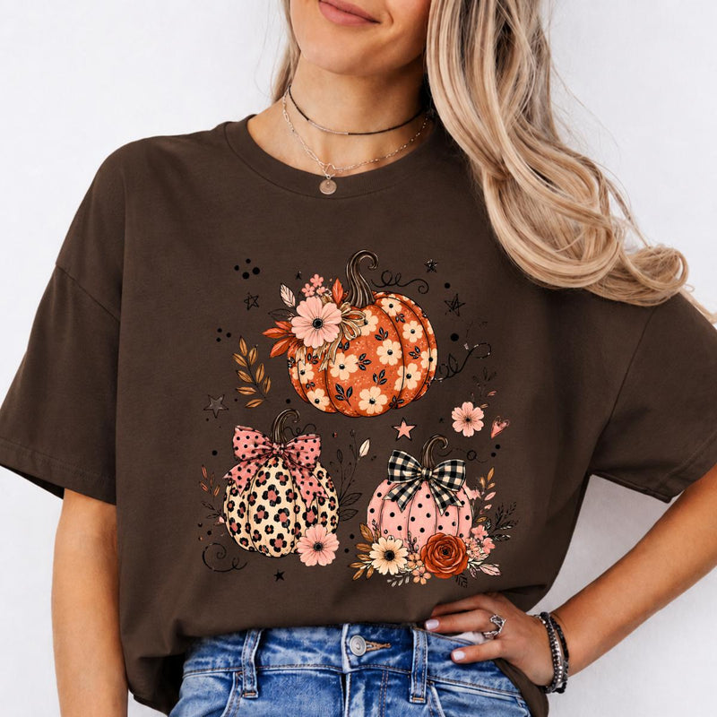 Floral Pumpkin Fall Design Cute Pumpkin Trio Sweatshirt and T-Shirt Thanksgiving Women Coquette Floral Leopard Gingham Style