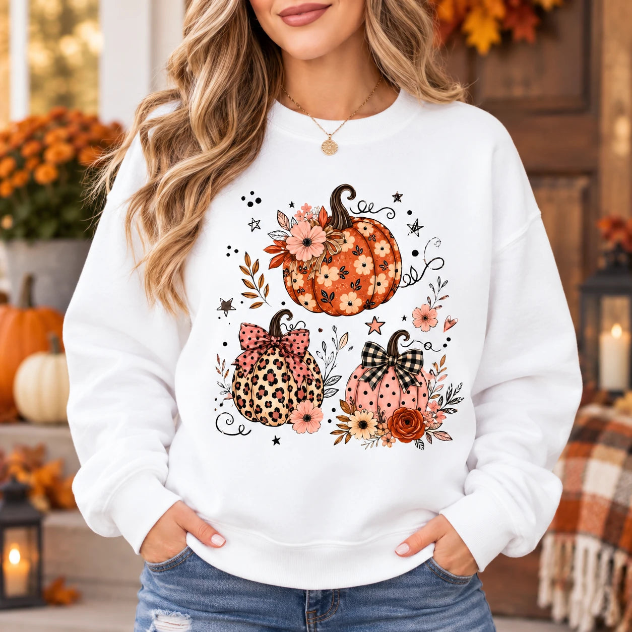 Floral Pumpkin Fall Sweatshirt and T-Shirt, Cute Coquette Pumpkin Trio Graphic with Leopard and Gingham Bow Details for Thanksgiving Women