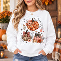 Floral Pumpkin Fall Sweatshirt and T-Shirt, Cute Coquette Pumpkin Trio Graphic with Leopard and Gingham Bow Details for Thanksgiving Women