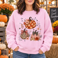 Floral Pumpkin Fall Sweatshirt and T-Shirt, Cute Coquette Pumpkin Trio Graphic with Leopard and Gingham Bow Details for Thanksgiving Women