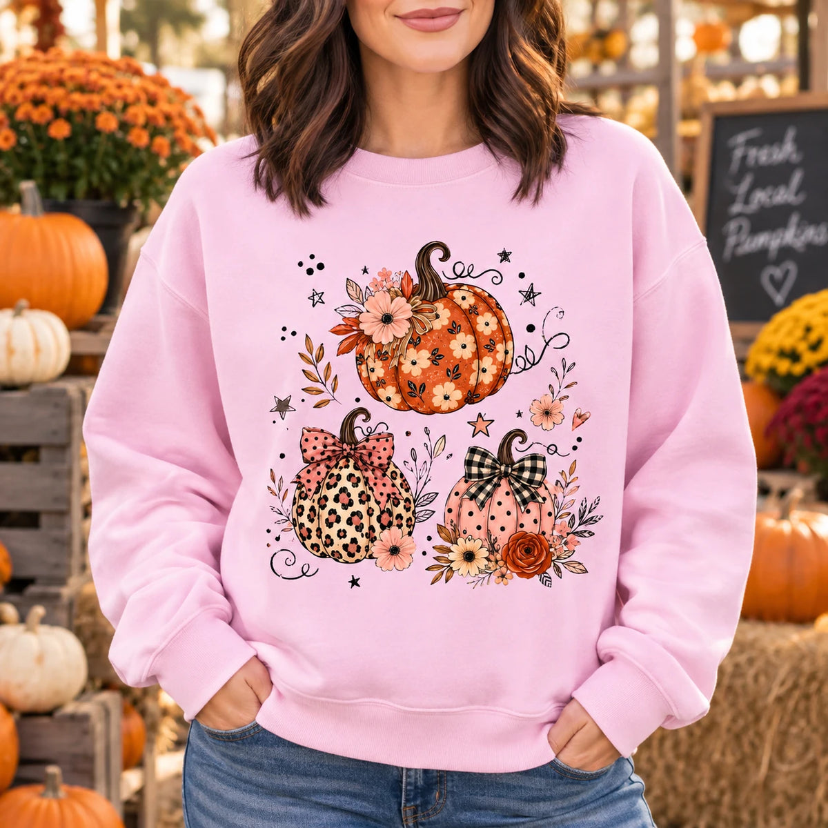 Floral Pumpkin Fall Sweatshirt and T-Shirt, Cute Coquette Pumpkin Trio Graphic with Leopard and Gingham Bow Details for Thanksgiving Women
