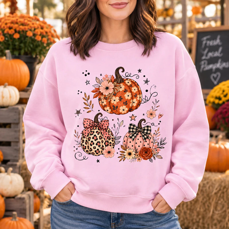 Floral Pumpkin Fall Sweatshirt and T-Shirt, Cute Coquette Pumpkin Trio Graphic with Leopard and Gingham Bow Details for Thanksgiving Women