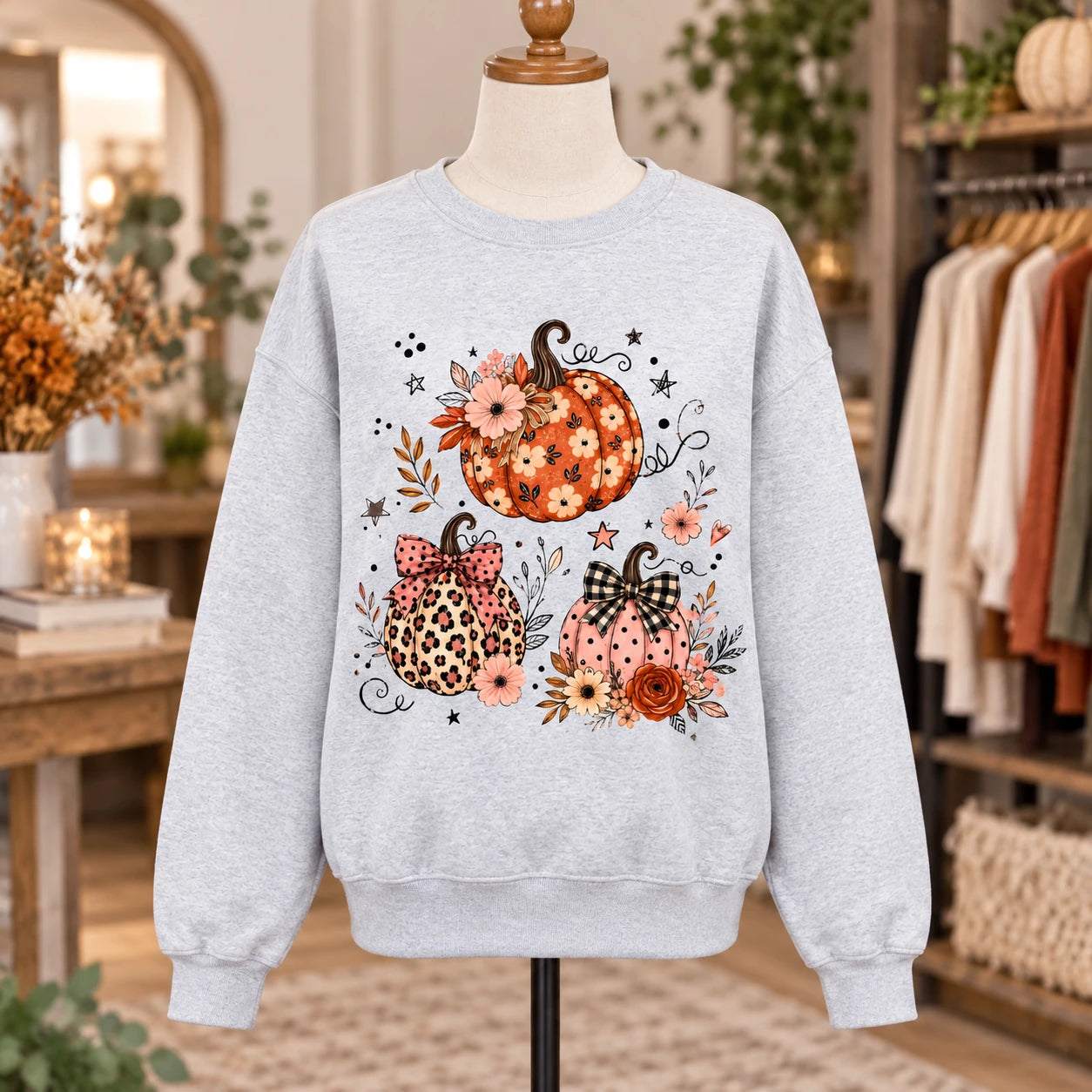 Floral Pumpkin Fall Sweatshirt and T-Shirt, Cute Coquette Pumpkin Trio Graphic with Leopard and Gingham Bow Details for Thanksgiving Women