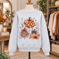 Floral Pumpkin Fall Sweatshirt and T-Shirt, Cute Coquette Pumpkin Trio Graphic with Leopard and Gingham Bow Details for Thanksgiving Women