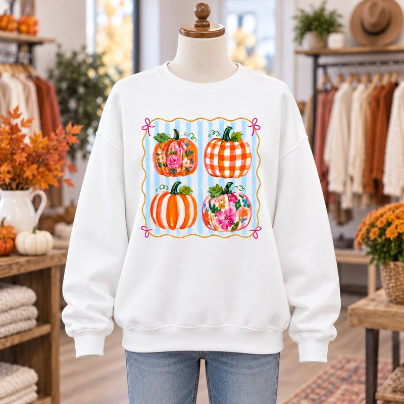 Floral Pumpkin Graphic Sweatshirt and T-Shirt, Colorful Pumpkin Patch Fall Shirt for Women, Cute Preppy Autumn Thanksgiving