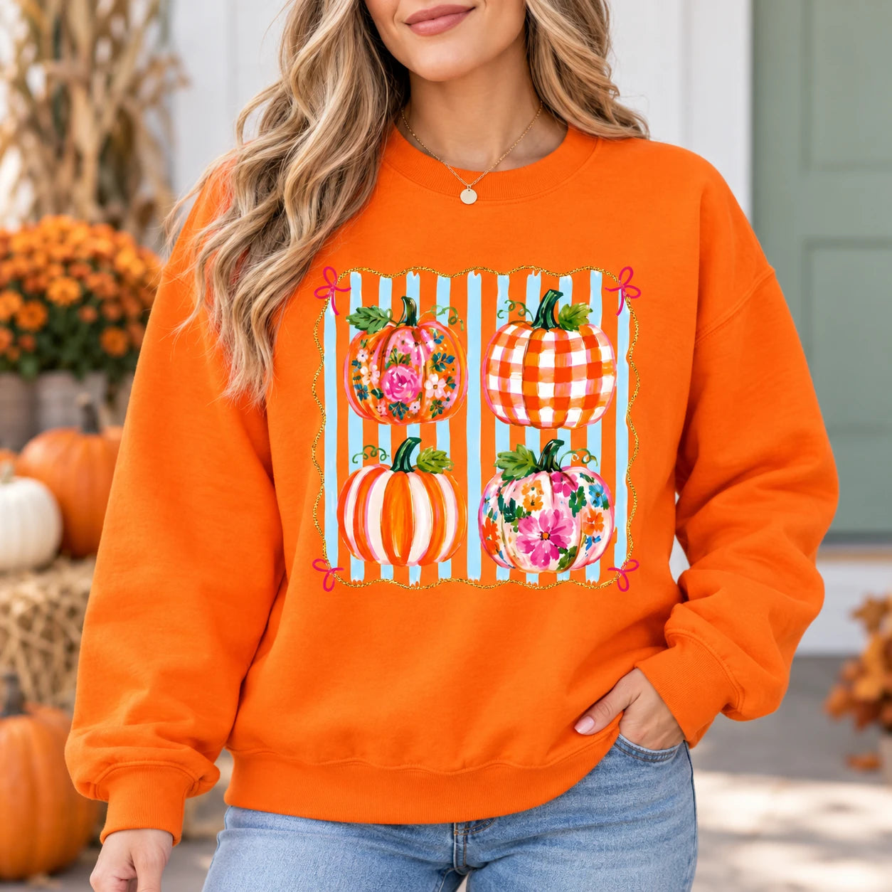 Floral Pumpkin Graphic Sweatshirt and T-Shirt, Colorful Pumpkin Patch Fall Shirt for Women, Cute Preppy Autumn Thanksgiving