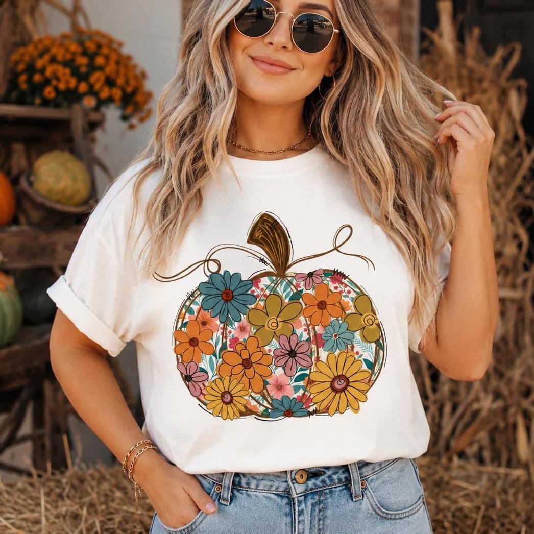 Floral Pumpkin Sweatshirt and T-Shirt Colorful Wildflower Pumpkin Fall Women Retro Boho Floral Design