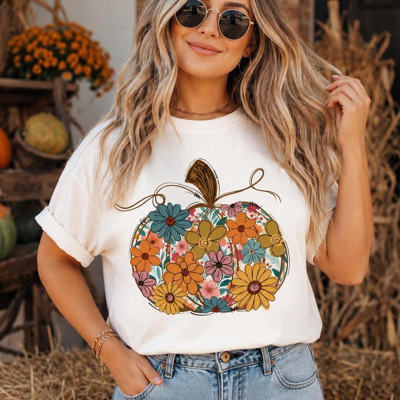 Floral Pumpkin Sweatshirt and T-Shirt Colorful Wildflower Pumpkin Fall Women Retro Boho Floral Design