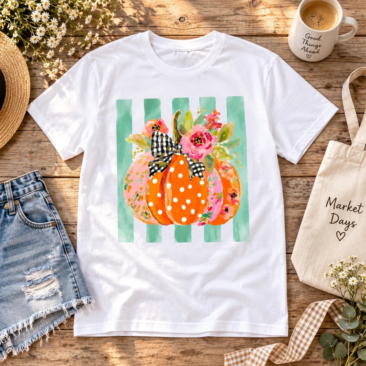 Floral Pumpkin Sweatshirt and T-Shirt, Polka Dot Pumpkin Graphic, Cute Fall Thanksgiving Shirt for Women
