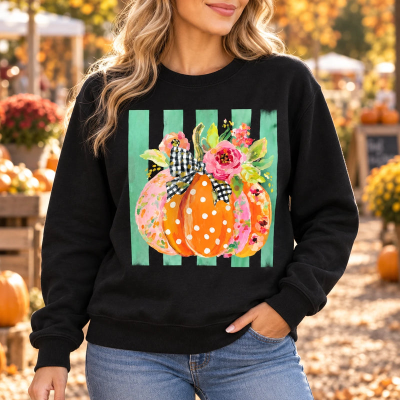 Floral Pumpkin Sweatshirt and T-Shirt, Polka Dot Pumpkin Graphic, Cute Fall Thanksgiving Shirt for Women