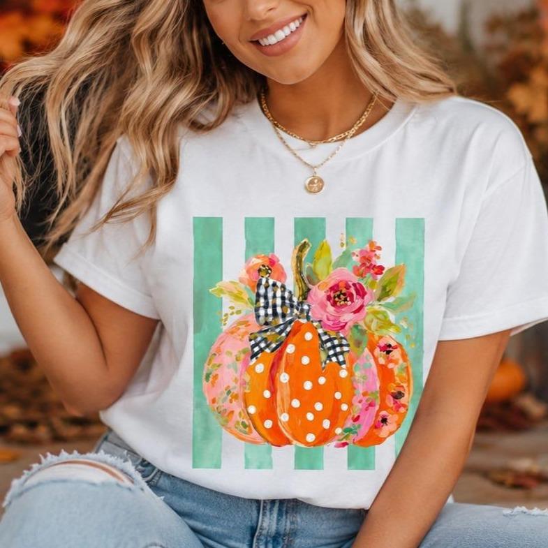 Floral Pumpkin Sweatshirt and T-Shirt, Polka Dot Pumpkin, Fall Thanksgiving, Women, Cute Floral Design