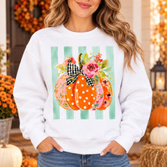 Floral Pumpkin Sweatshirt and T-Shirt, Polka Dot Pumpkin Graphic, Cute Fall Thanksgiving Shirt for Women