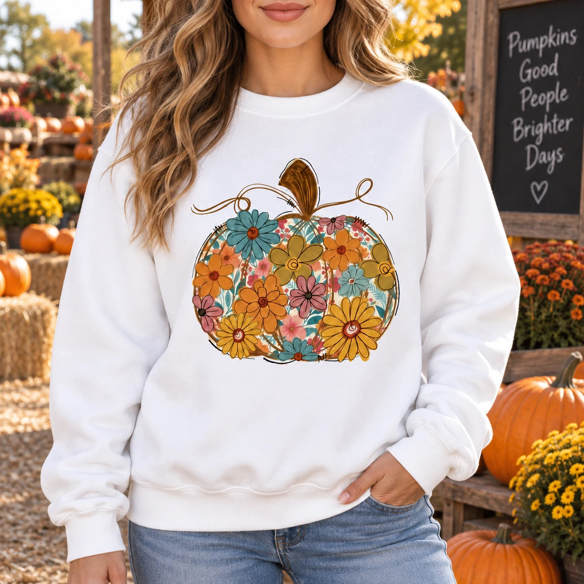 Floral Pumpkin Sweatshirt and T-Shirt Retro Boho Wildflower Autumn Graphic for Women