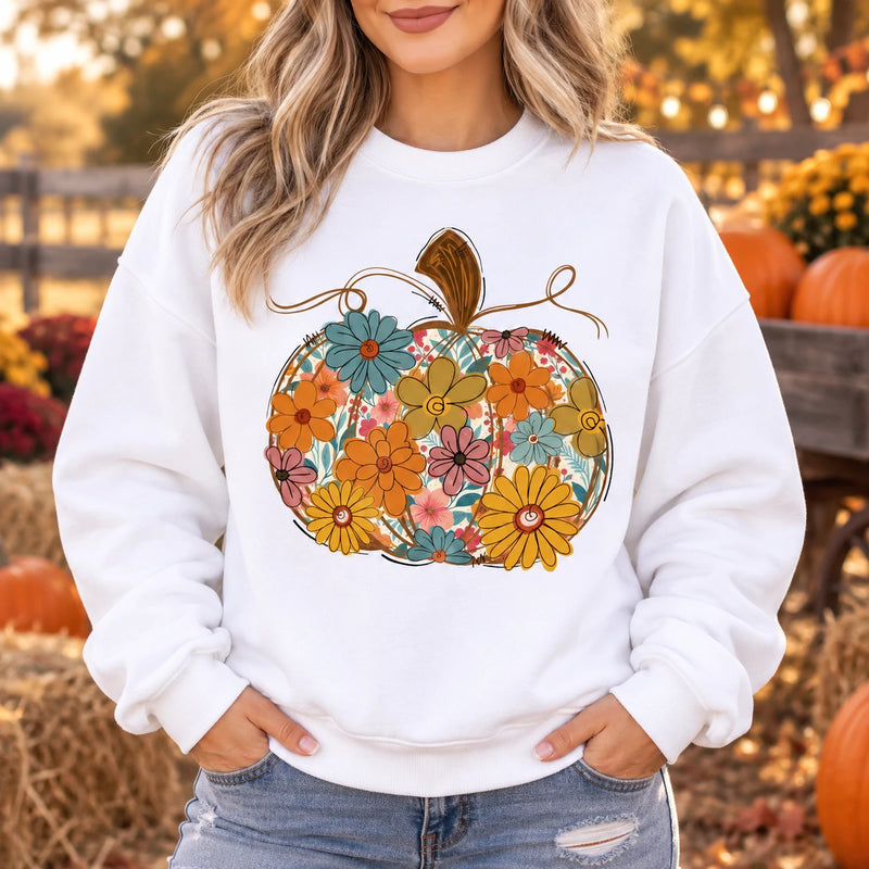 Floral Pumpkin Sweatshirt and T-Shirt Retro Boho Wildflower Autumn Graphic for Women